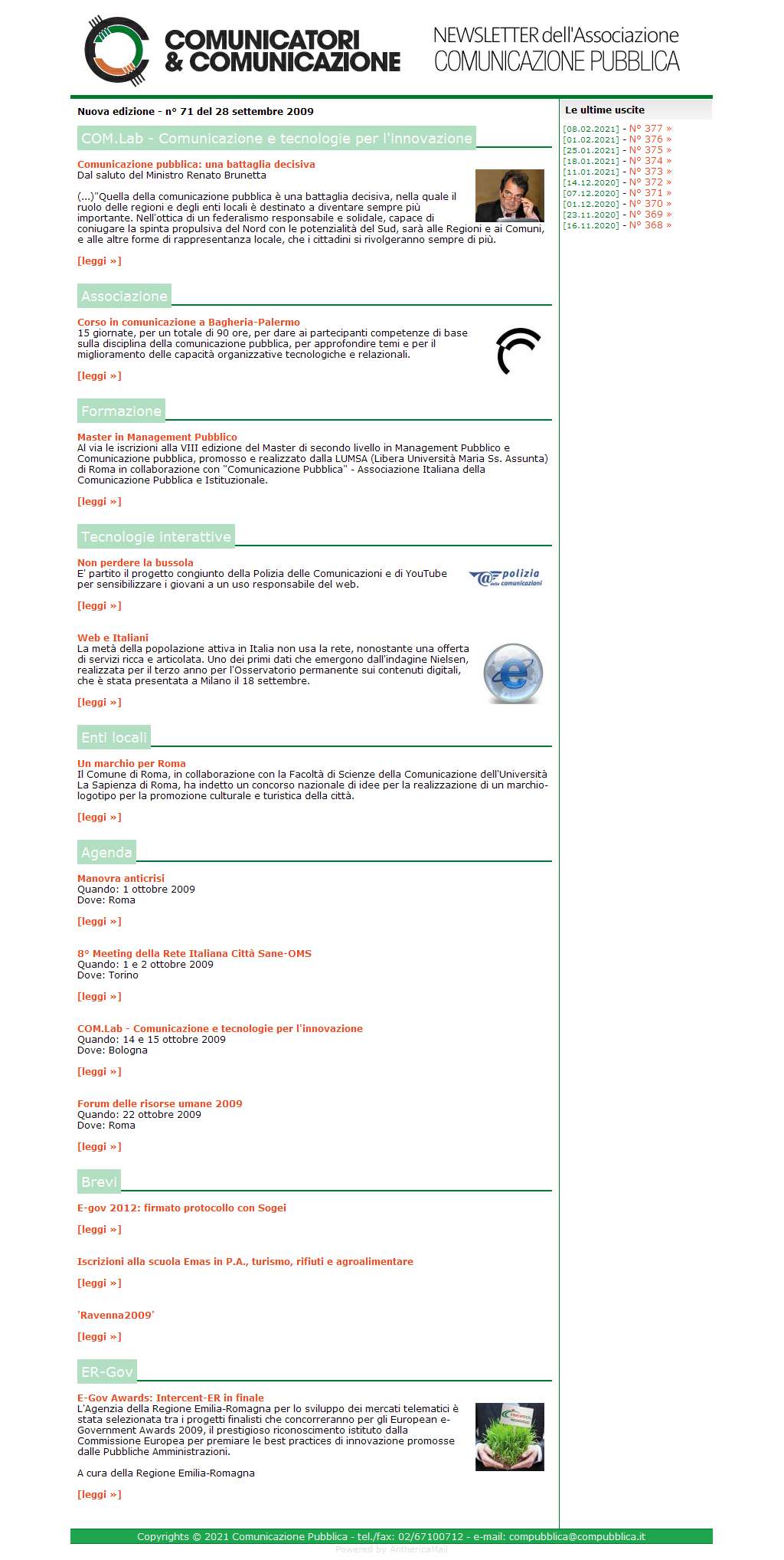 Comunicatori e Comunicazione Newsletter  n� 71 - 28 settembre 2009