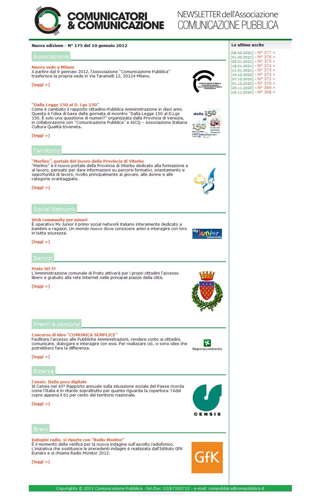 Comunicatori e Comunicazione Newsletter  n� 175  - 9 gennaio 2012