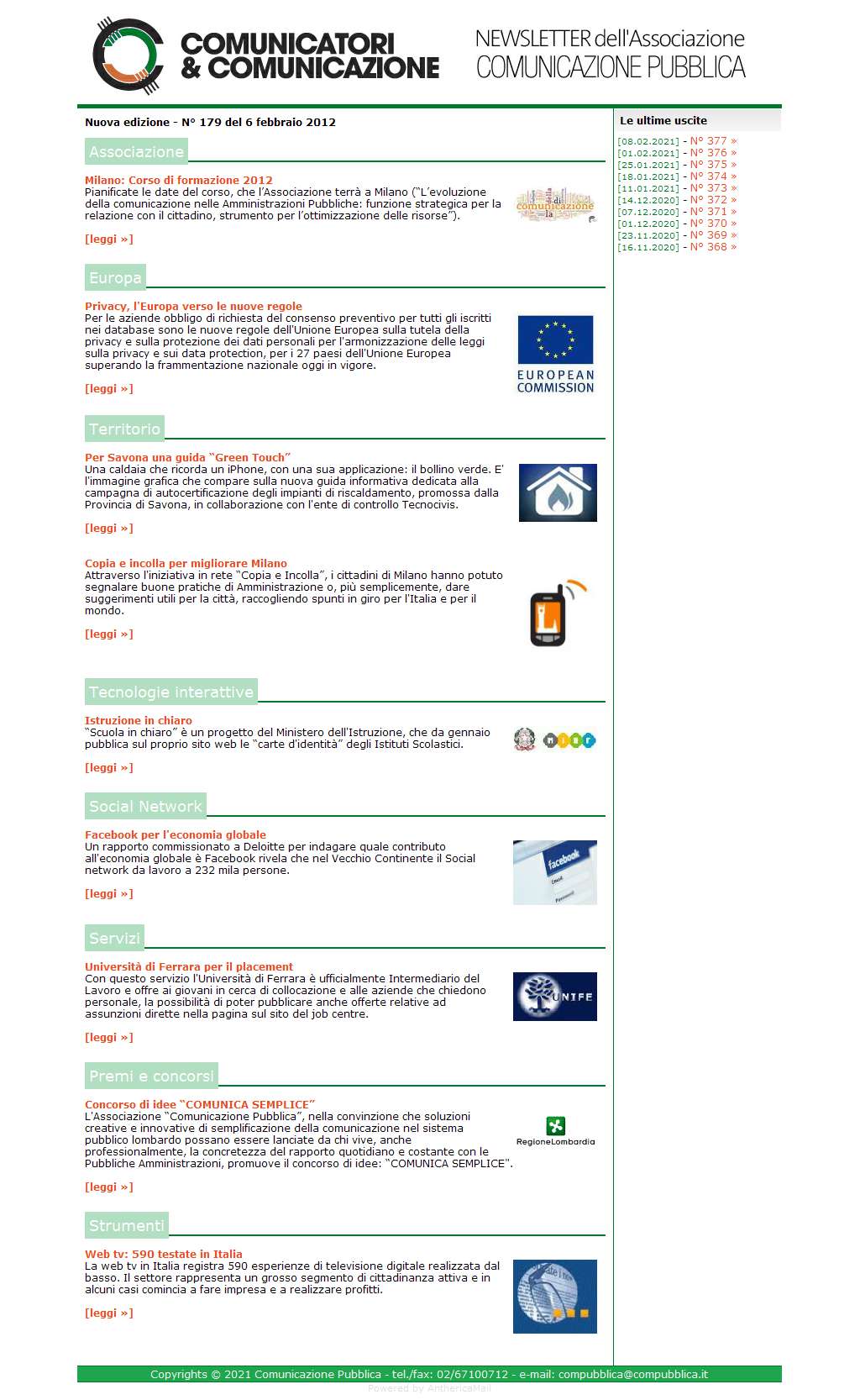 Comunicatori e Comunicazione Newsletter  n� 179  - 06 febbraio 2012