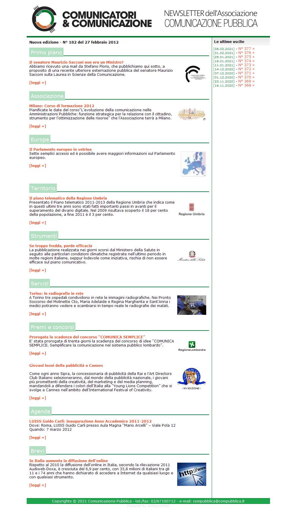 Comunicatori e Comunicazione Newsletter  n� 182  - 27 febbraio 2012