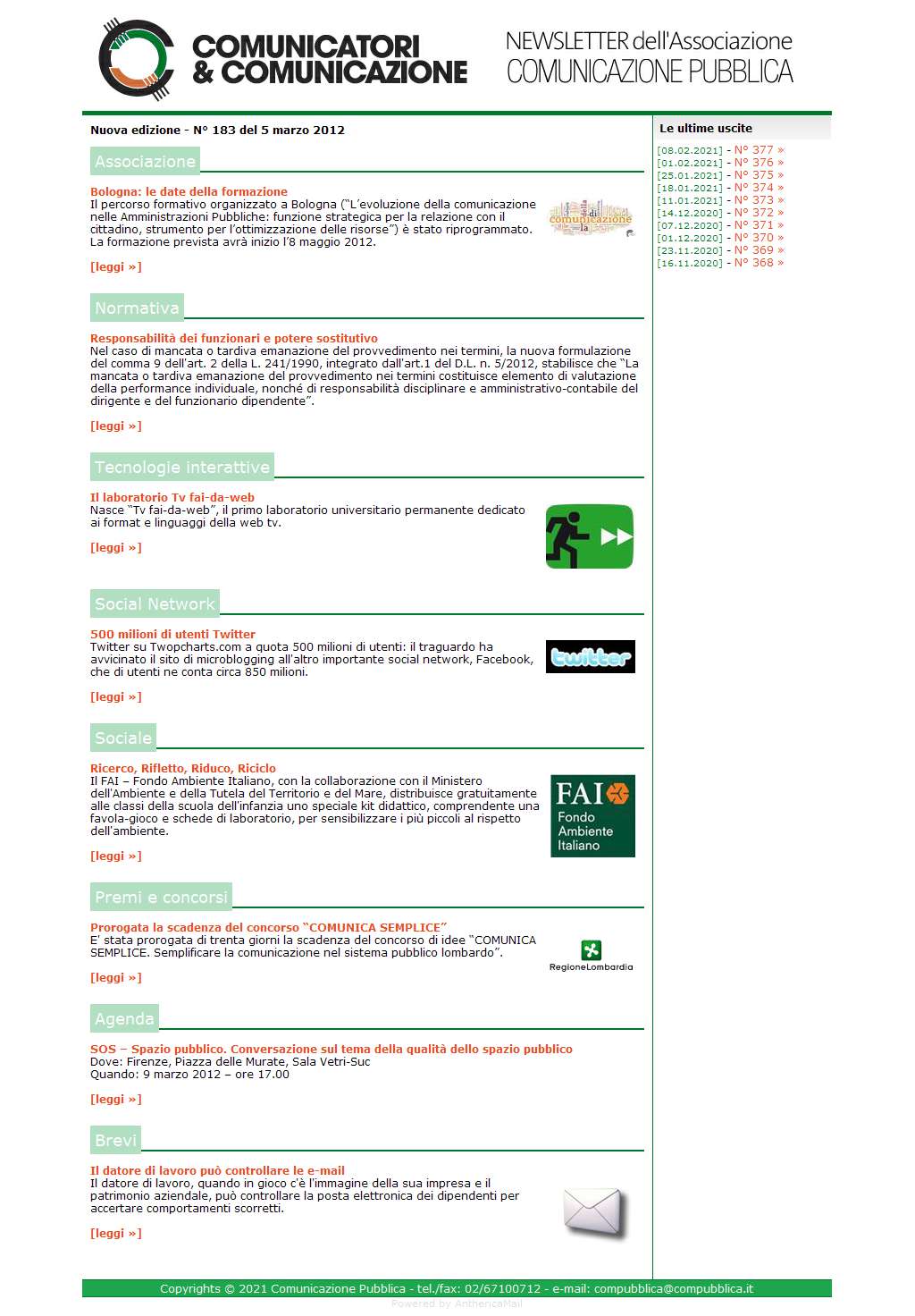 Comunicatori e Comunicazione Newsletter  n� 183  - 05 marzo 2012