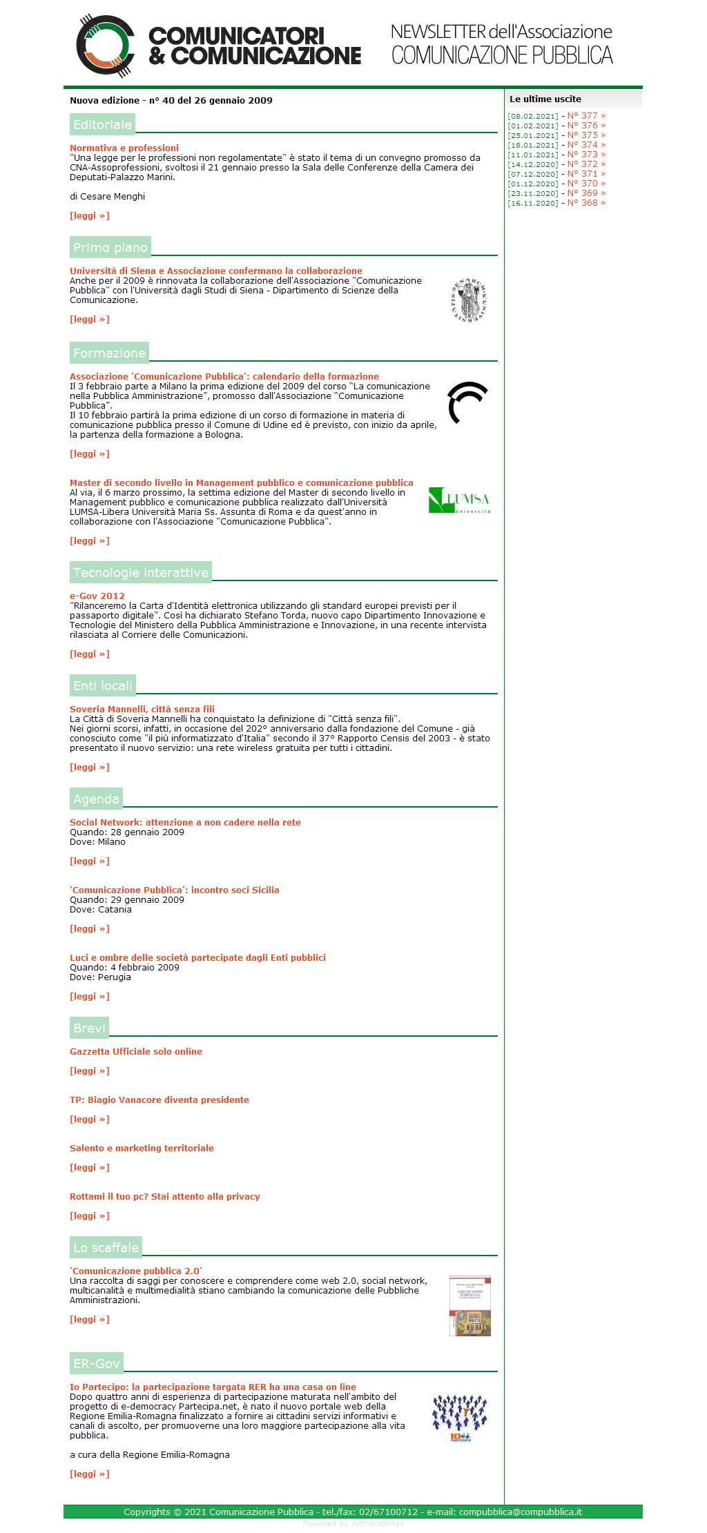 Comunicatori e Comunicazione Newsletter  n� 40-26 gennaio 2009