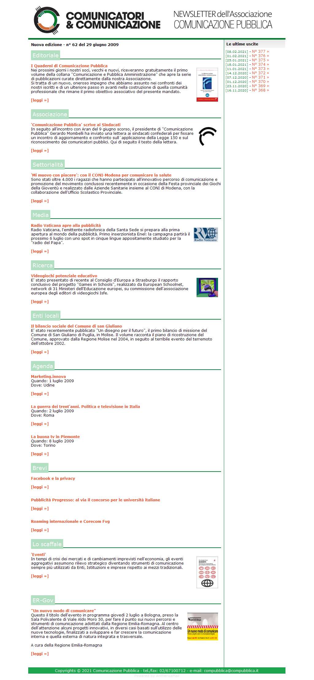 Comunicatori e Comunicazione Newsletter n� 62 - 29 giugno 2009