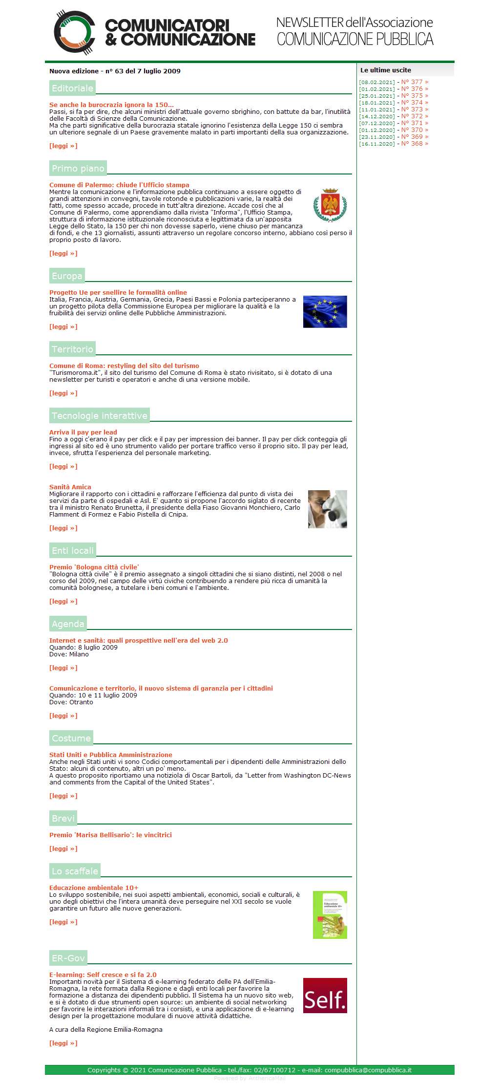 Comunicatori e Comunicazione Newsletter  n� 63 - 6 luglio 2009