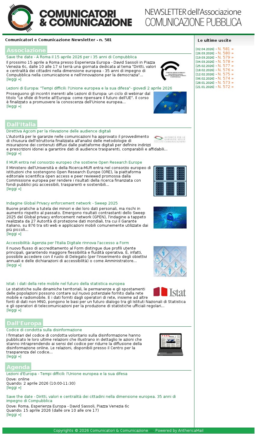 Comunicatori e Comunicazione n� 581 - 2 aprile 2026