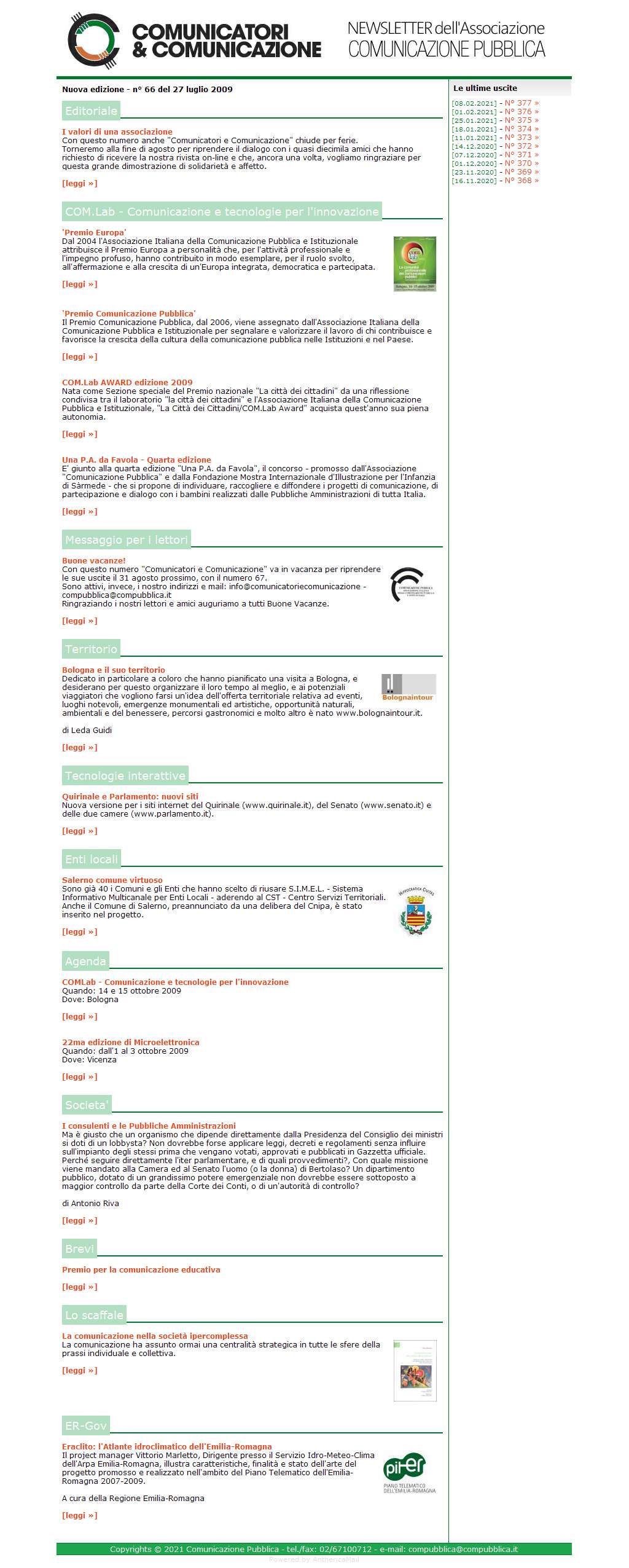 Comunicatori e Comunicazione Newsletter  n� 66 - 27 luglio 2009