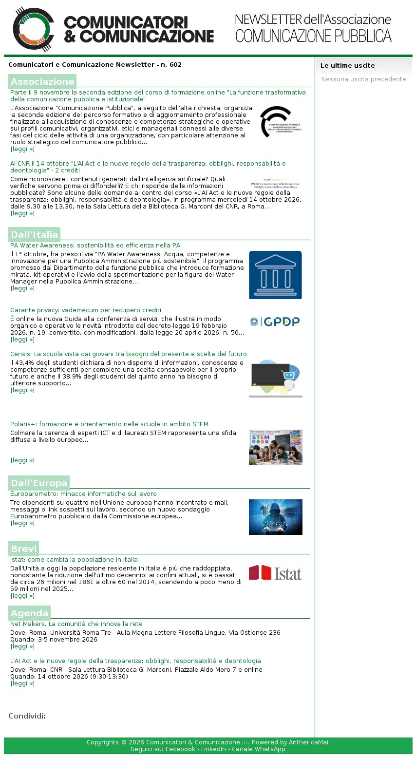 Comunicatori e Comunicazione n� 602 - 9 ottobre 2026