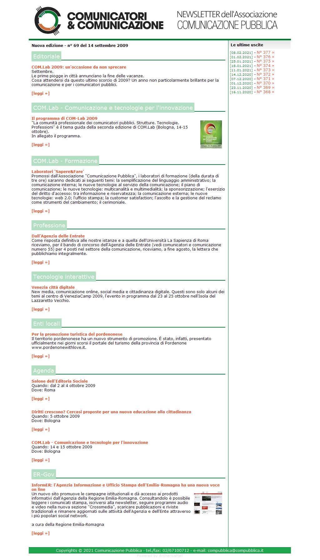 Comunicatori e Comunicazione Newsletter  n� 69 - 14 settembre 2009